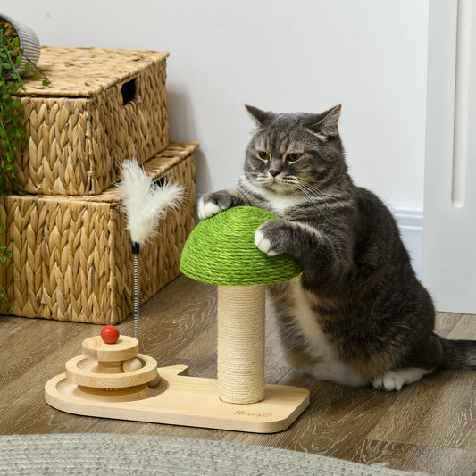 Mushroom-Shaped Cat Scratching Post, with Toy Balls, Feather for Indoor Cats, 35 x 21 x 26cm - Natural Tone-1