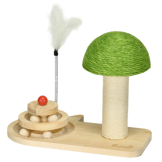 Mushroom-Shaped Cat Scratching Post, with Toy Balls, Feather for Indoor Cats, 35 x 21 x 26cm - Natural Tone-0