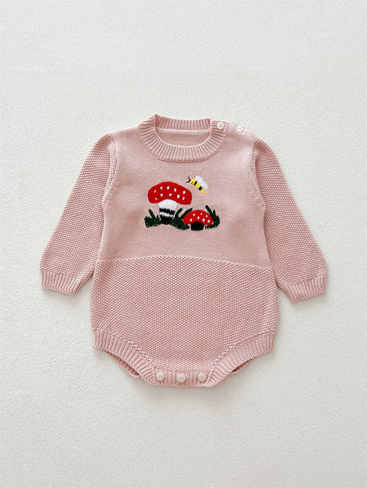 Autumn New Arrival Baby Girls Long Sleeves Mushrooms Embroidered Crew Neck Onesies-1