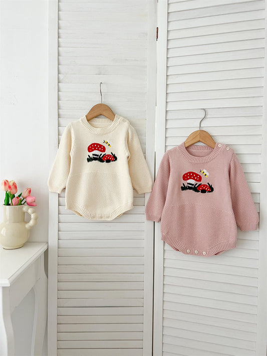 Autumn New Arrival Baby Girls Long Sleeves Mushrooms Embroidered Crew Neck Onesies-0